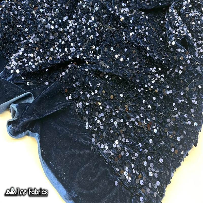 Navy Blue Emma Stretch Velvet Fabric with Embroidery Sequin