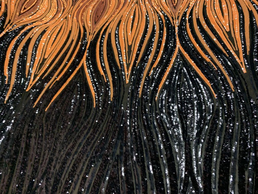 Neon Orange Black On Black Mesh Iridescent Fabric/ Embroidery 4 Way Stretch Sequin Fabric.ICEFABRICICE FABRICSNeon Orange Black On Black Mesh1 YARDNeon Orange Black On Black Mesh Iridescent Fabric/ Embroidery 4 Way Stretch Sequin Fabric. ICEFABRIC