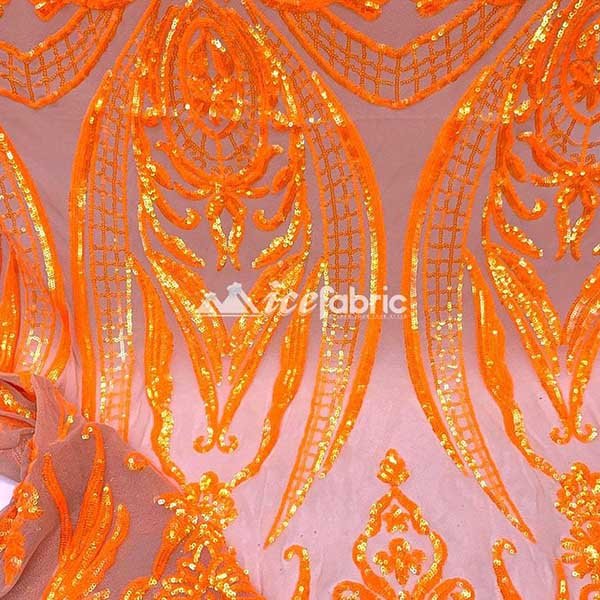 Neon Orange Geometric Sequin Embroidery on Stretch Mesh Fabric