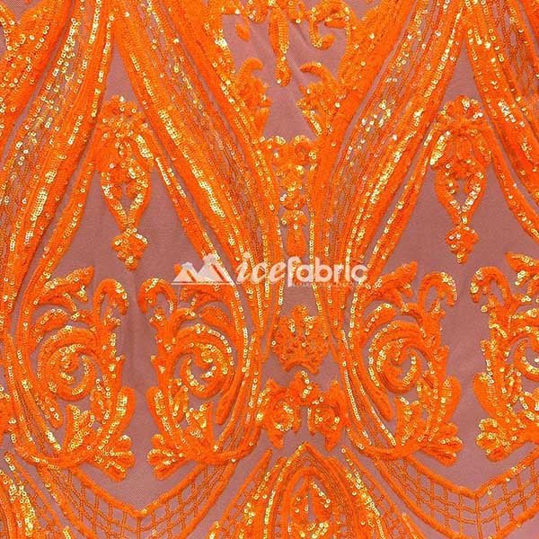 Neon Orange Geometric Sequin Fabric _ Embroidered 4 Way Stretch Mesh