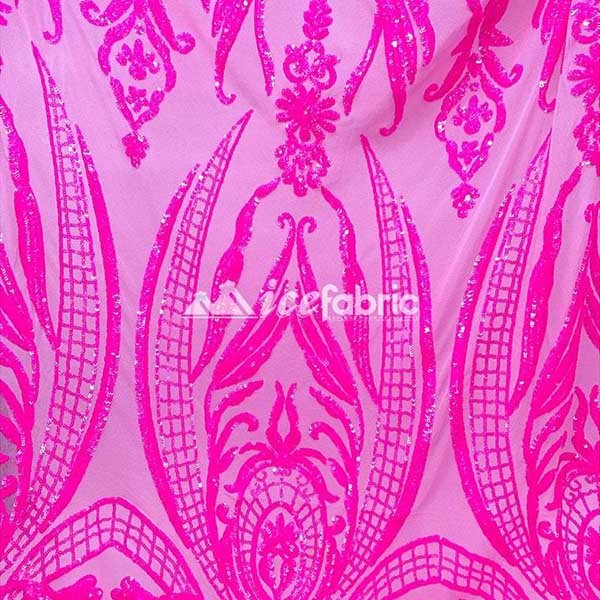Neon Pink Geometric Sequin Fabric _ Embroidered 4 Way Stretch MeshICE FABRICSICE FABRICSBy The YardNeon Pink Geometric Sequin Fabric _ Embroidered 4 Way Stretch Mesh ICE FABRICS