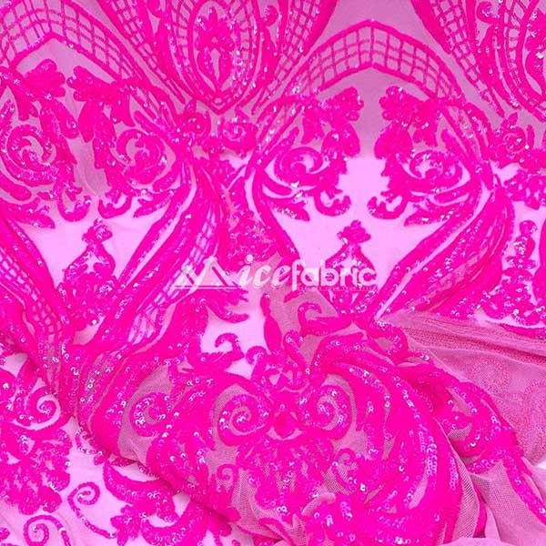 Neon Pink Geometric Sequin Fabric _ Embroidered 4 Way Stretch MeshICE FABRICSICE FABRICSBy The YardNeon Pink Geometric Sequin Fabric _ Embroidered 4 Way Stretch Mesh ICE FABRICS