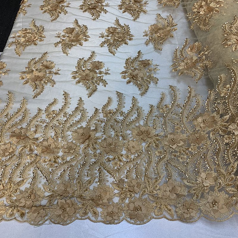 New 3D Beaded Flowers Hand Embroidered Floral Mesh Lace With Sequins FabricICEFABRICICE FABRICSGoldNew 3D Beaded Flowers Hand Embroidered Floral Mesh Lace With Sequins Fabric ICEFABRIC