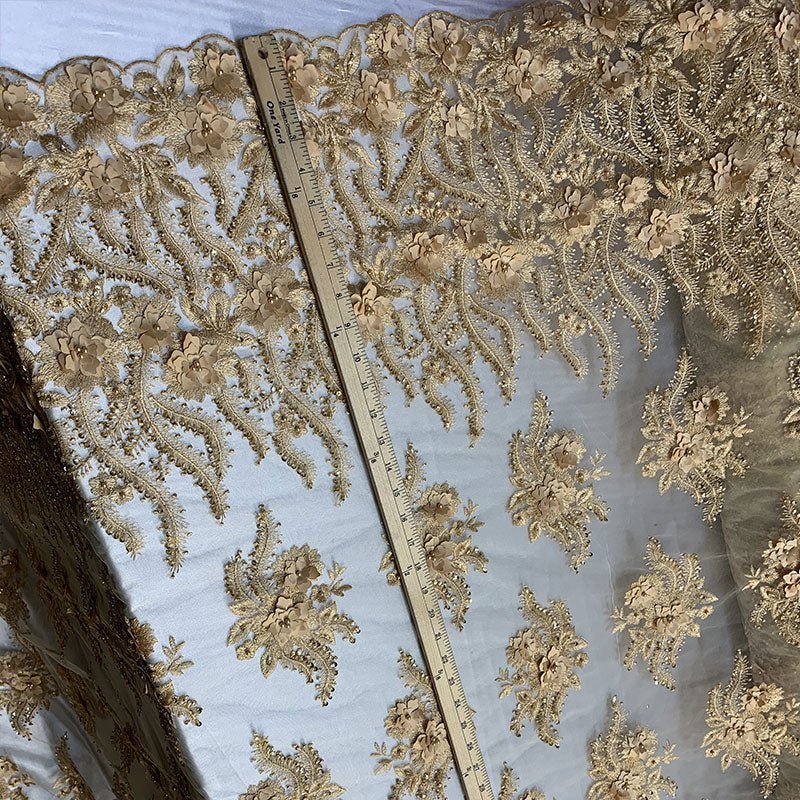 New 3D Beaded Flowers Hand Embroidered Floral Mesh Lace With Sequins FabricICEFABRICICE FABRICSGoldNew 3D Beaded Flowers Hand Embroidered Floral Mesh Lace With Sequins Fabric ICEFABRIC