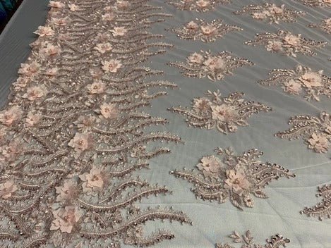 New 3D Beaded Flowers Hand Embroidered Floral Mesh Lace With Sequins FabricICEFABRICICE FABRICSLight PinkNew 3D Beaded Flowers Hand Embroidered Floral Mesh Lace With Sequins Fabric ICEFABRIC