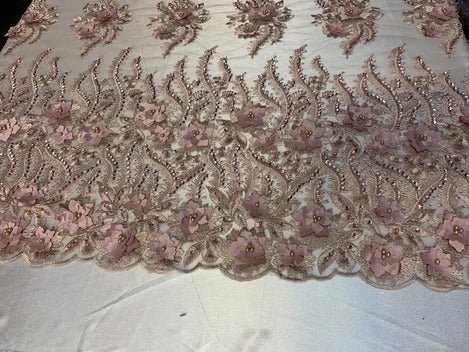 New 3D Beaded Flowers Hand Embroidered Floral Mesh Lace With Sequins FabricICEFABRICICE FABRICSDusty RoseNew 3D Beaded Flowers Hand Embroidered Floral Mesh Lace With Sequins Fabric ICEFABRIC