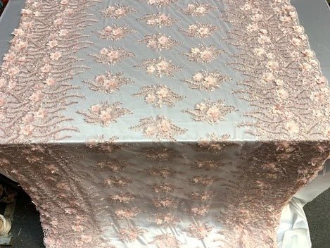 New 3D Beaded Flowers Hand Embroidered Floral Mesh Lace With Sequins FabricICEFABRICICE FABRICSLight PinkNew 3D Beaded Flowers Hand Embroidered Floral Mesh Lace With Sequins Fabric ICEFABRIC