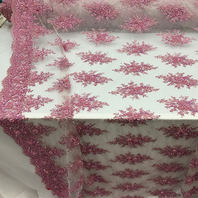 New Beaded French Embroidered Handmade Mesh Lace Floral FabricICE FABRICSICE FABRICSPinkNew Beaded French Embroidered Handmade Mesh Lace Floral Fabric ICE FABRICS