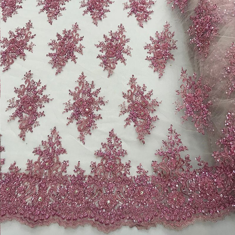 New Beaded French Embroidered Handmade Mesh Lace Floral FabricICE FABRICSICE FABRICSPinkNew Beaded French Embroidered Handmade Mesh Lace Floral Fabric ICE FABRICS