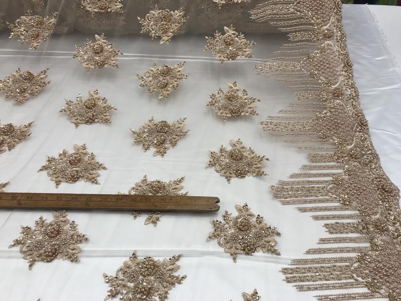 New Champagne Embroidered Mesh Lace Floral Beaded Lace FabricICE FABRICSICE FABRICSNew Champagne Embroidered Mesh Lace Floral Beaded Lace Fabric ICE FABRICS