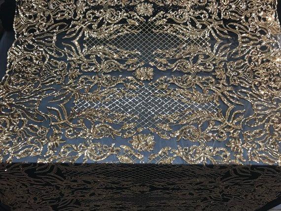 New Design 4 Way Stretch Sequins On A Mesh Lace Fabric For Decorations Fashion Wedding Prom DressesICE FABRICSICE FABRICSBlack/GoldNew Design 4 Way Stretch Sequins On A Mesh Lace Fabric For Decorations Fashion Wedding Prom Dresses ICE FABRICS