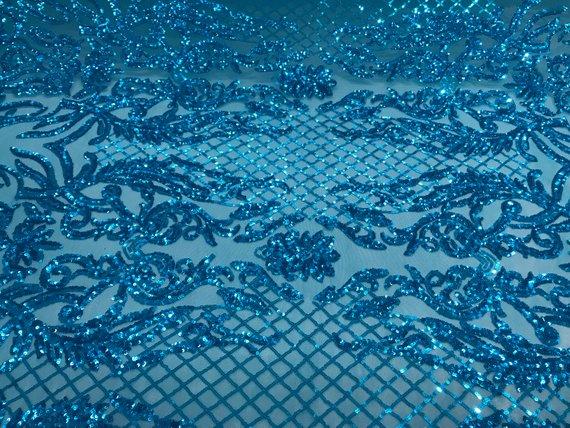 New Design 4 Way Stretch Sequins On A Mesh Lace Fabric For Decorations Fashion Wedding Prom DressesICE FABRICSICE FABRICSTurquoiseNew Design 4 Way Stretch Sequins On A Mesh Lace Fabric For Decorations Fashion Wedding Prom Dresses ICE FABRICS