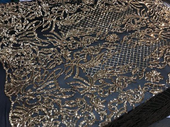 New Design 4 Way Stretch Sequins On A Mesh Lace Fabric For Decorations Fashion Wedding Prom DressesICE FABRICSICE FABRICSBlack/GoldNew Design 4 Way Stretch Sequins On A Mesh Lace Fabric For Decorations Fashion Wedding Prom Dresses ICE FABRICS
