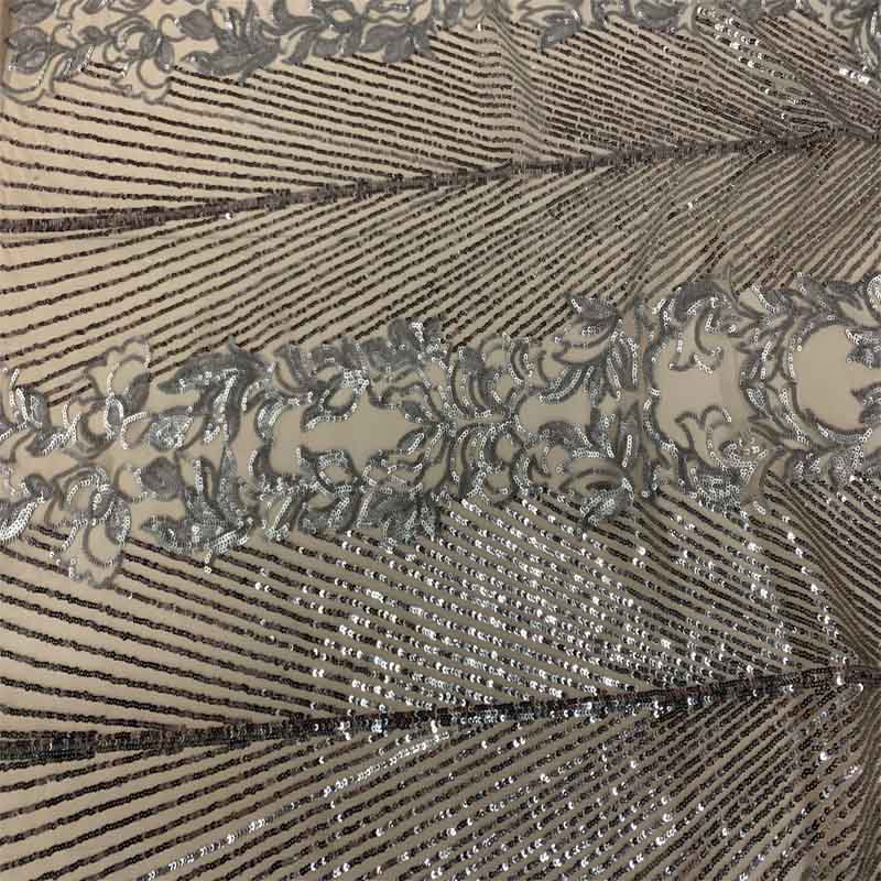 New Embroidery 4 Way Stretch Sequins Lace On Mesh FabricICEFABRICICE FABRICSSilver on Nude meshNew Embroidery 4 Way Stretch Sequins Lace On Mesh Fabric ICEFABRIC