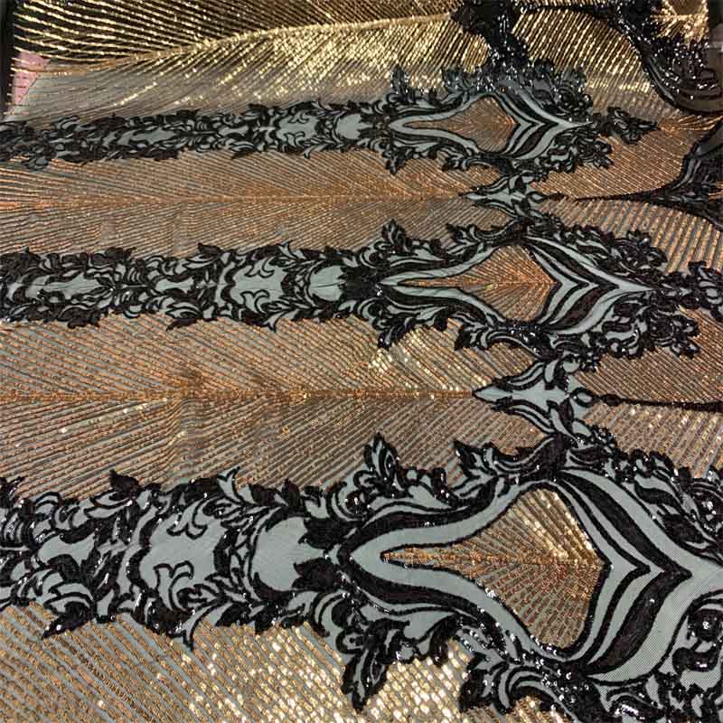 New Embroidery 4 Way Stretch Sequins Lace On Mesh FabricICEFABRICICE FABRICSBlack&Gold on Black MeshNew Embroidery 4 Way Stretch Sequins Lace On Mesh Fabric ICEFABRIC