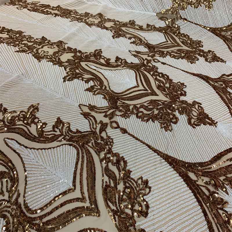 New Embroidery 4 Way Stretch Sequins Lace On Mesh FabricICEFABRICICE FABRICSWhite&Gold on Nude meshNew Embroidery 4 Way Stretch Sequins Lace On Mesh Fabric ICEFABRIC