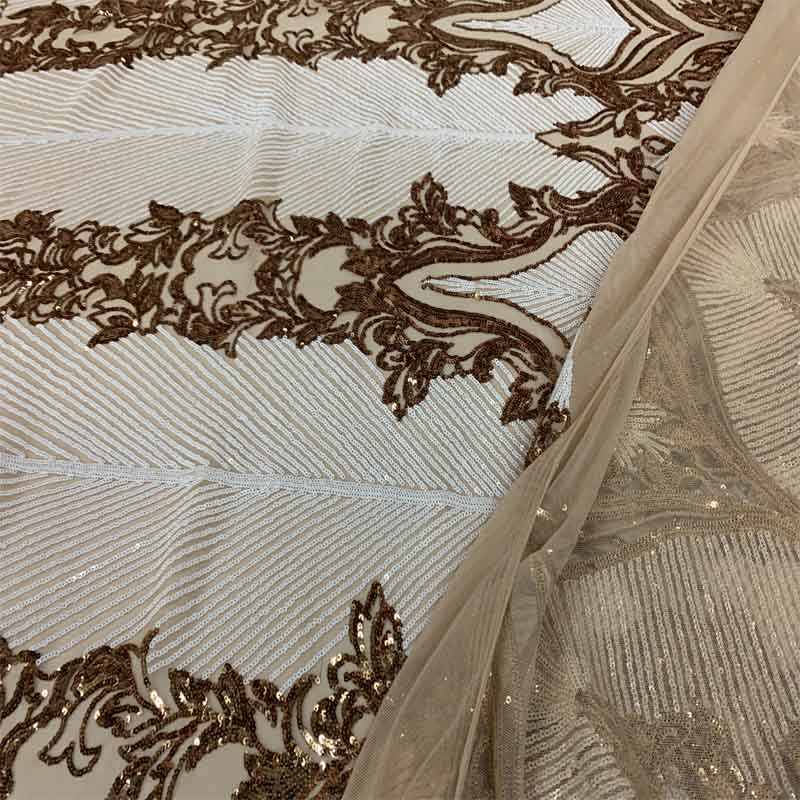 New Embroidery 4 Way Stretch Sequins Lace On Mesh FabricICEFABRICICE FABRICSWhite&Gold on Nude meshNew Embroidery 4 Way Stretch Sequins Lace On Mesh Fabric ICEFABRIC