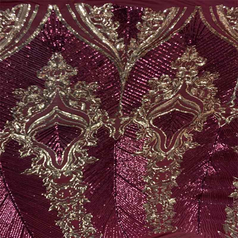 New Embroidery 4 Way Stretch Sequins Lace On Mesh FabricICEFABRICICE FABRICSBurgundy&GoldNew Embroidery 4 Way Stretch Sequins Lace On Mesh Fabric ICEFABRIC