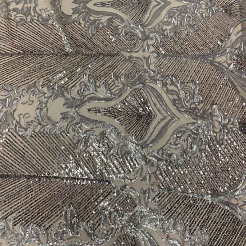 New Embroidery 4 Way Stretch Sequins Lace On Mesh FabricICEFABRICICE FABRICSSilver on Nude meshNew Embroidery 4 Way Stretch Sequins Lace On Mesh Fabric ICEFABRIC