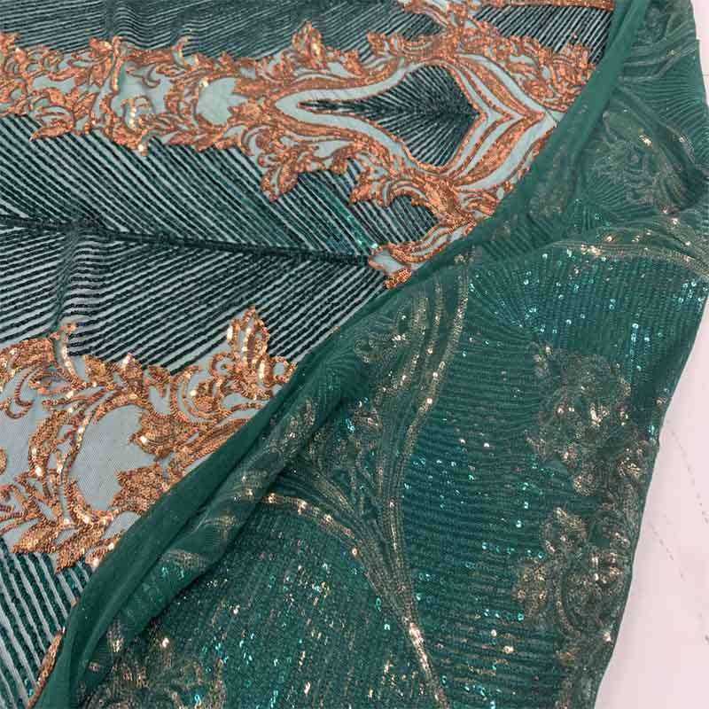 New Embroidery 4 Way Stretch Sequins Lace On Mesh FabricICEFABRICICE FABRICSHunter Green&Gold on greenNew Embroidery 4 Way Stretch Sequins Lace On Mesh Fabric ICEFABRIC