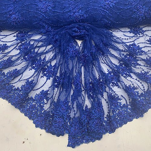 New Paris Heavy Fashion Embroidery Flowers Beaded Prom Mesh Lace FabricICEFABRICICE FABRICSRoyal BlueNew Paris Heavy Fashion Embroidery Flowers Beaded Prom Mesh Lace Fabric ICEFABRIC