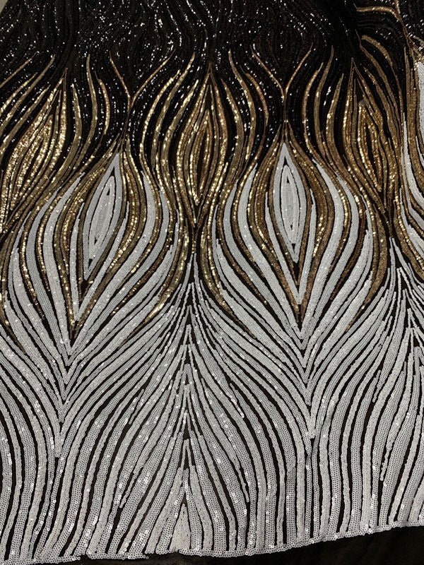New Wavy Geometric Prom 4 Way Stretch Sequins Fabric by the Yard Silver