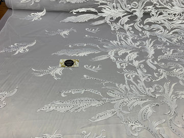 ONE Yard Mesh Lace Embroidered Fabric Leafs Design With Stones (White