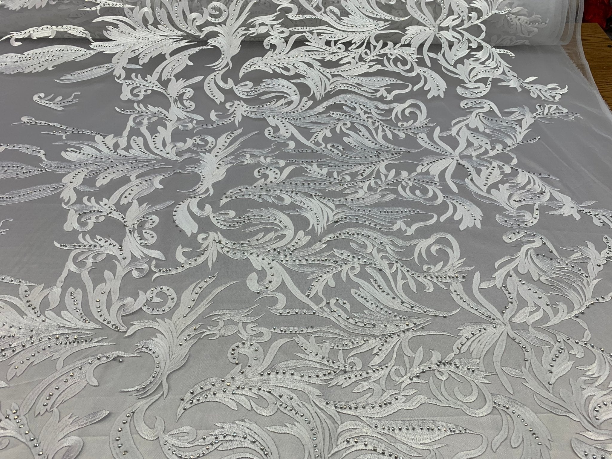 ONE Yard Mesh Lace Embroidered Fabric Leafs Design With Stones (White Color) High Quality Lace For Wedding/Prom/ Night Gowns Dress/ Fashion.ICE FABRICSICE FABRICSONE Yard Mesh Lace Embroidered Fabric Leafs Design With Stones (White Color) High Quality Lace For Wedding/Prom/ Night Gowns Dress/ Fashion. ICE FABRICS