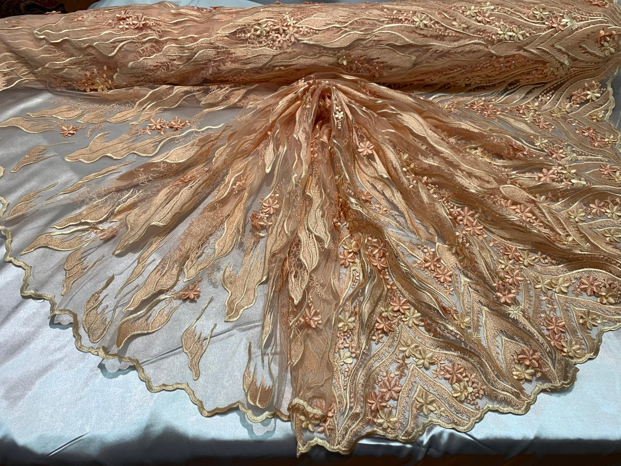 Peach_3D FLOWERS Hand Beaded Mesh Lace Fabric Embroidery Lace Fabric By The Yard/Floral Embroidered Handmade/Gowns/ Dress/ Tablecloths/ICEFABRICICE FABRICSPeach_3D FLOWERS Hand Beaded Mesh Lace Fabric Embroidery Lace Fabric By The Yard/Floral Embroidered Handmade/Gowns/ Dress/ Tablecloths/ ICEFABRIC