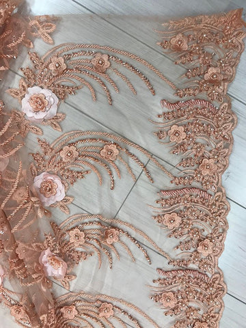 Peach Bridal Beaded Mesh Lace with Sequin Fabric -IceFabrics