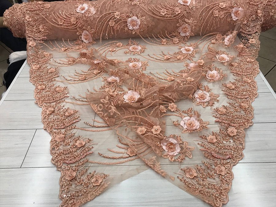 Peach Bridal Beaded Mesh Lace with Sequin Fabric -IceFabrics