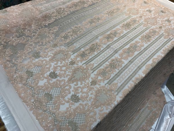 Peach New Elegant Design Full Embroidered Sequin 4 Way Stretch Fabric Sold By The YardICE FABRICSICE FABRICSPeach New Elegant Design Full Embroidered Sequin 4 Way Stretch Fabric Sold By The Yard ICE FABRICS