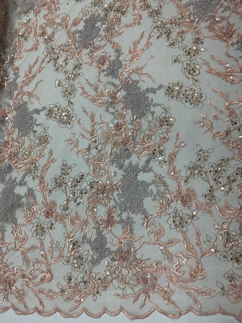 Peach Sequin Floral Bridal Fabric/ Beaded Fabric/ 3D Lace FabricICE FABRICSICE FABRICSPeach Sequin Floral Bridal Fabric/ Beaded Fabric/ 3D Lace Fabric ICE FABRICS