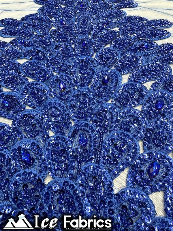 Peacock Feather Embroidered Beaded FabricICE FABRICSICE FABRICSRoyal Blue12" Length 58" WidePeacock Feather Embroidered Beaded Fabric ICE FABRICS