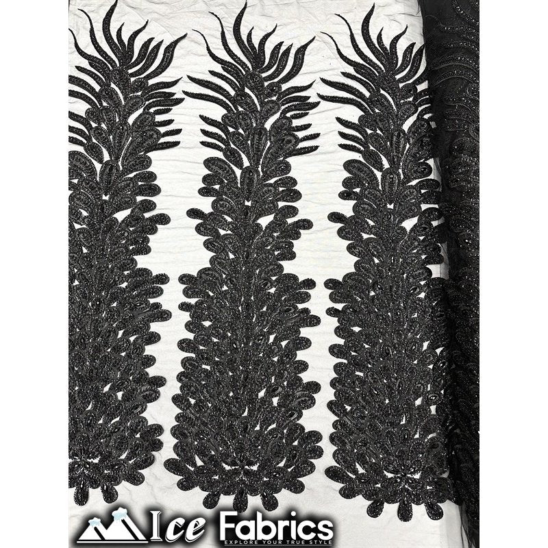 Peacock Feather Embroidered Beaded FabricICE FABRICSICE FABRICSBlack12" Length 58" WidePeacock Feather Embroidered Beaded Fabric ICE FABRICS