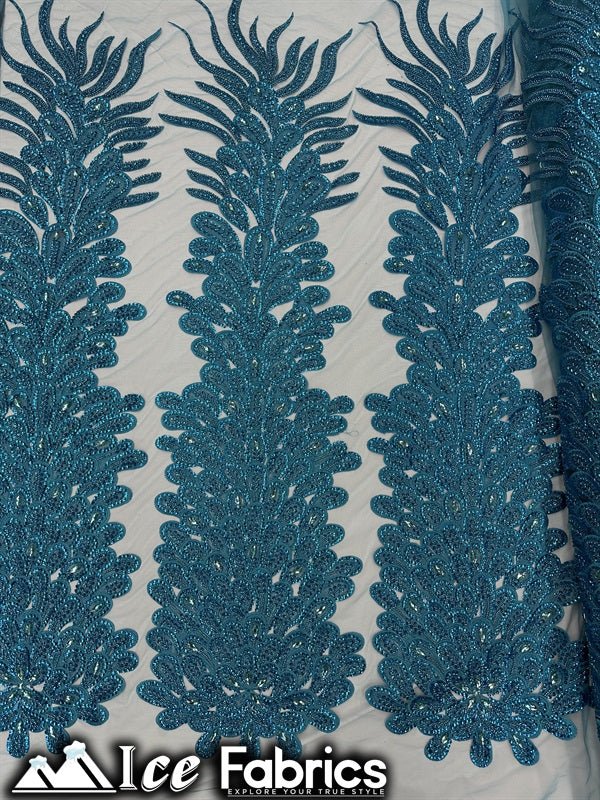 Peacock Feather Embroidered Beaded FabricICE FABRICSICE FABRICSTurquoise12" Length 58" WidePeacock Feather Embroidered Beaded Fabric ICE FABRICS