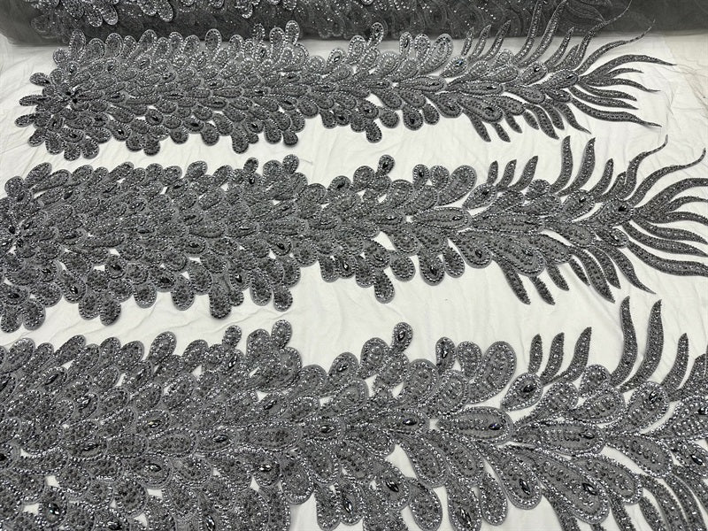 Peacock Feather Embroidered Beaded FabricICE FABRICSICE FABRICSGray12" Length 58" WidePeacock Feather Embroidered Beaded Fabric ICE FABRICS