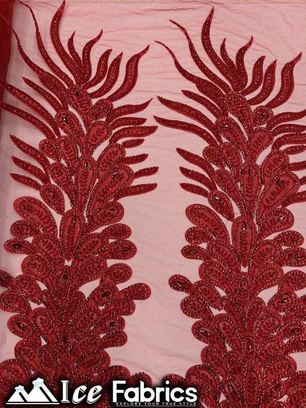 Peacock Feather Embroidered Beaded FabricICE FABRICSICE FABRICSRed12" Length 58" WidePeacock Feather Embroidered Beaded Fabric ICE FABRICS