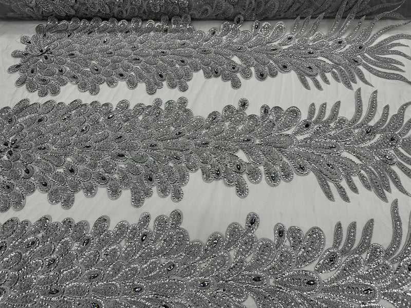 Peacock Feather Embroidered Beaded FabricICE FABRICSICE FABRICSSilver12" Length 58" WidePeacock Feather Embroidered Beaded Fabric ICE FABRICS