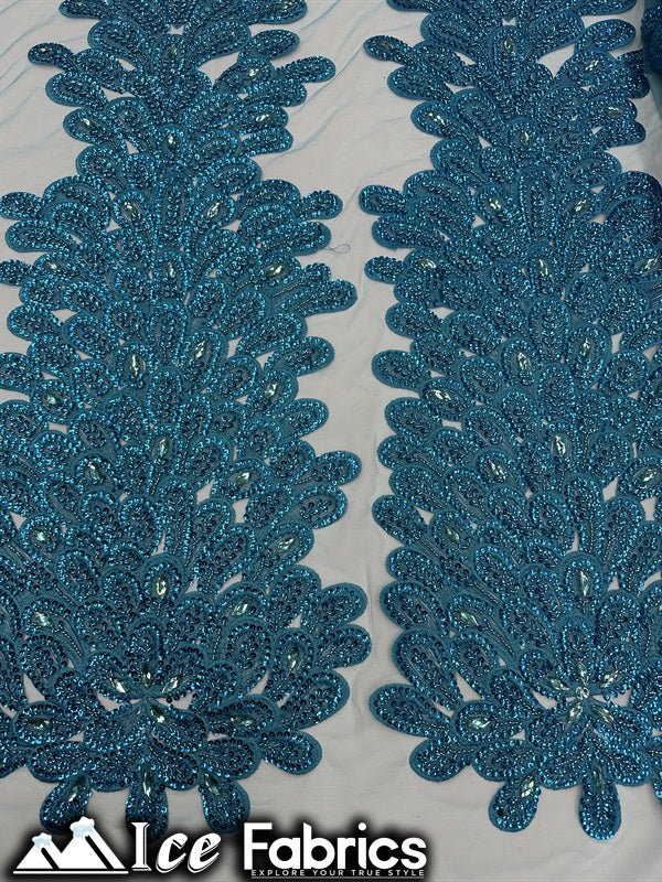 Peacock Feather Embroidered Beaded FabricICE FABRICSICE FABRICSTurquoise12" Length 58" WidePeacock Feather Embroidered Beaded Fabric ICE FABRICS