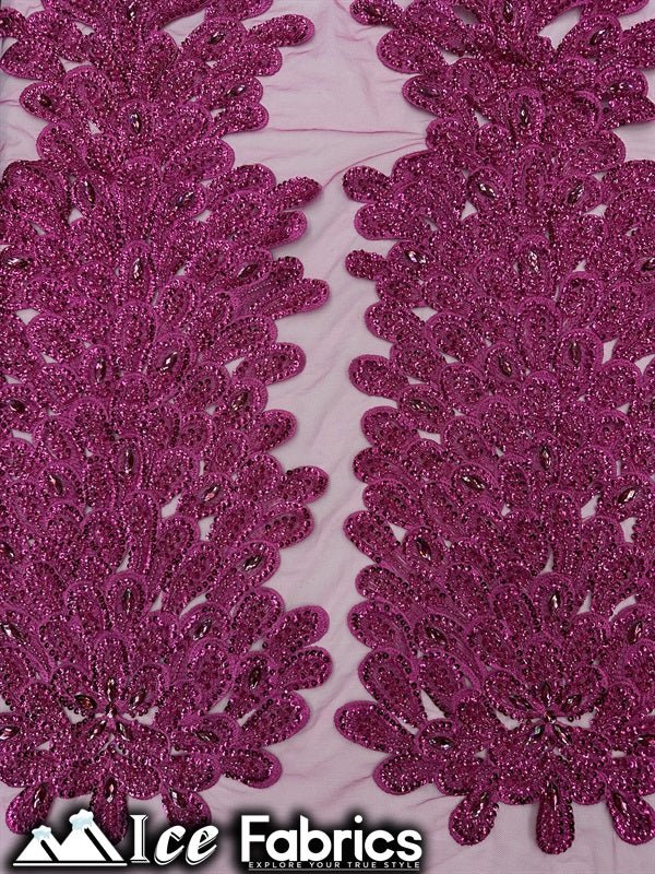 Peacock Feather Embroidered Beaded FabricICE FABRICSICE FABRICSHot Pink12" Length 58" WidePeacock Feather Embroidered Beaded Fabric ICE FABRICS
