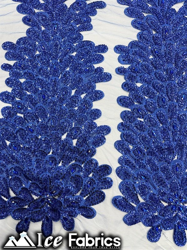 Peacock Feather Embroidered Beaded FabricICE FABRICSICE FABRICSRoyal Blue12" Length 58" WidePeacock Feather Embroidered Beaded Fabric ICE FABRICS