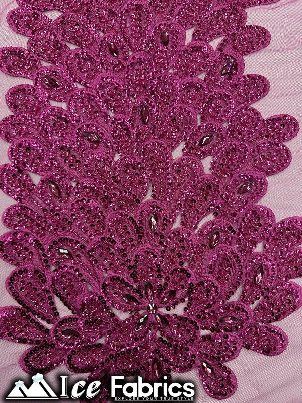 Peacock Feather Embroidered Beaded FabricICE FABRICSICE FABRICSHot Pink12" Length 58" WidePeacock Feather Embroidered Beaded Fabric ICE FABRICS