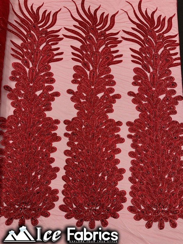 Peacock Feather Embroidered Beaded FabricICE FABRICSICE FABRICSRed12" Length 58" WidePeacock Feather Embroidered Beaded Fabric ICE FABRICS