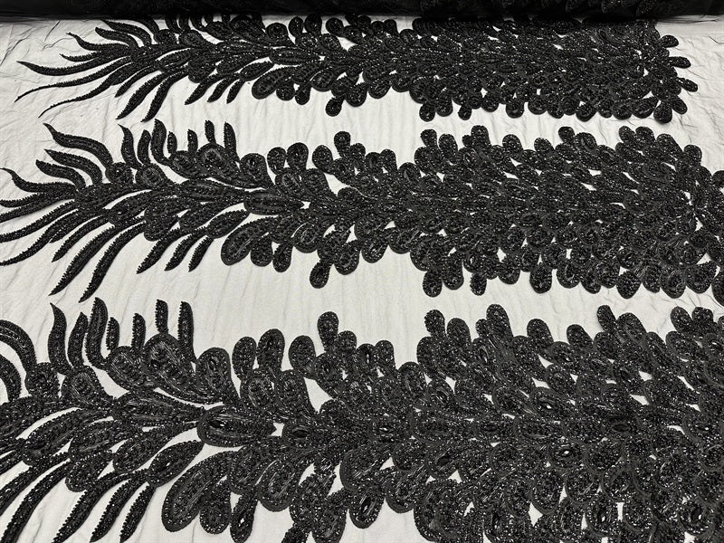 Peacock Feather Embroidered Beaded FabricICE FABRICSICE FABRICSBlack12" Length 58" WidePeacock Feather Embroidered Beaded Fabric ICE FABRICS