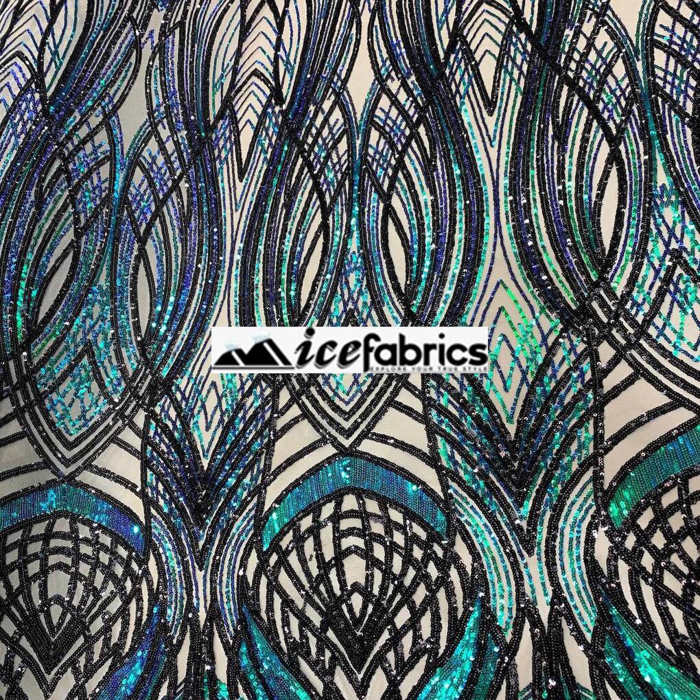 Peacock Iridescent Green-Black Sequin Fabric on 4 Way stretch MeshICE FABRICSICE FABRICSBy The YardPeacock Iridescent Green-Black Sequin Fabric on 4 Way stretch Mesh ICE FABRICS