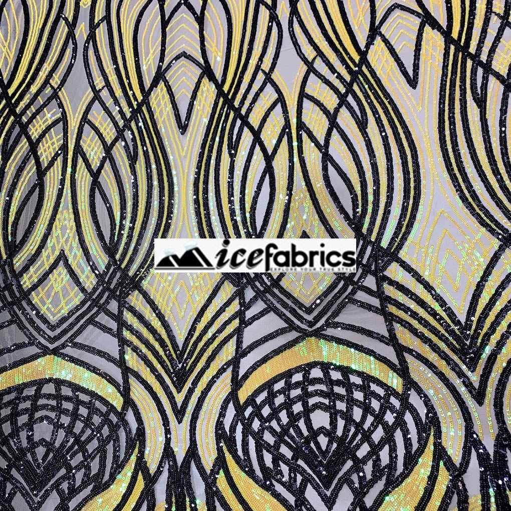 Peacock Iridescent Yellow-Black Sequin Fabric on 4 Way Stretch MeshICE FABRICSICE FABRICSBy The YardPeacock Iridescent Yellow-Black Sequin Fabric on 4 Way Stretch Mesh ICE FABRICS