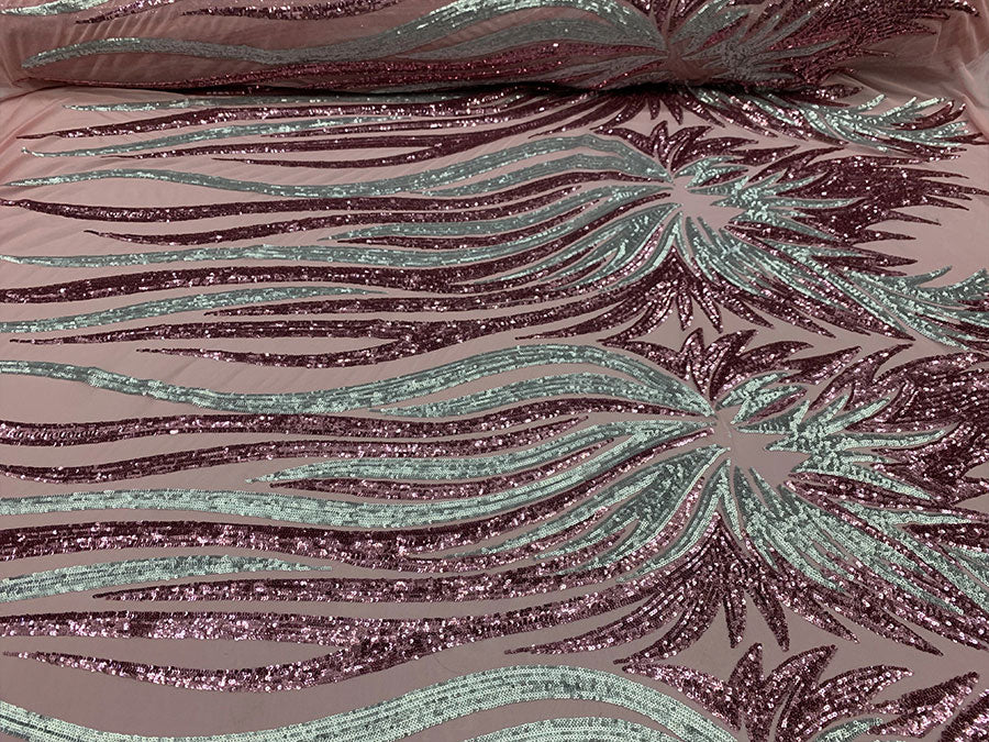 French Feather Embroidered Spandex 4 Way Stretch Sequin Mesh Lace Fabric ICEFABRIC Iridescent/Champagne