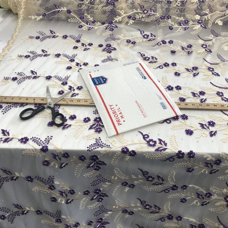 Purple Flower Design Prom Bridal Fabric Embroidered Mesh LaceICE FABRICSICE FABRICSPurple Flower Design Prom Bridal Fabric Embroidered Mesh Lace ICE FABRICS