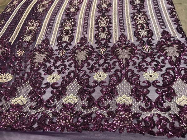 Purple Unique Designed Embroidered 4 Way Stretch Sequin Fabric For Wedding Prom DressesICE FABRICSICE FABRICSPurple Unique Designed Embroidered 4 Way Stretch Sequin Fabric For Wedding Prom Dresses ICE FABRICS